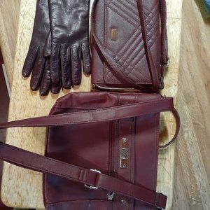 2  pocketbooks with cell phone sections and glove set in burgundy/brown shades
